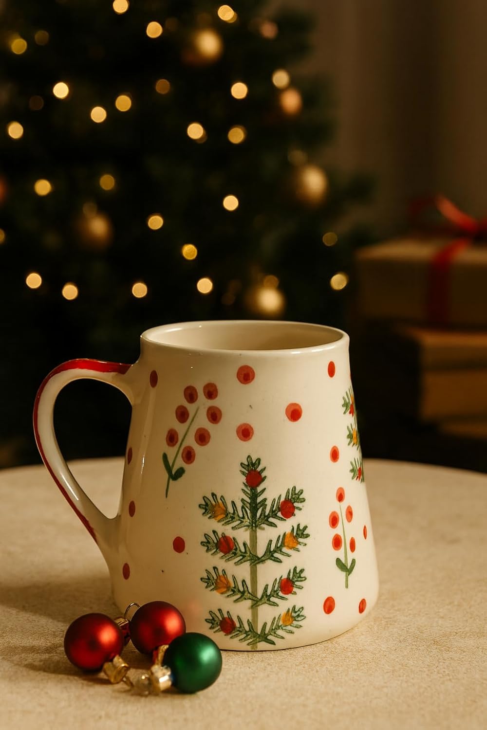 Holiday Ceramic Coffee Mug, White with Red Berries and Green Pine Design, Christmas Theme Decorative Cup