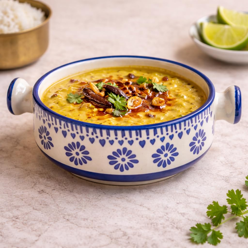Ceramic Serving Bowl with Handles, Floral Pattern, Kitchen Utensils (Floral Blue)
