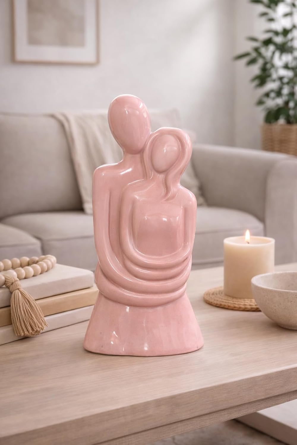 Ceramic Couple Embrace Figurine, Pink