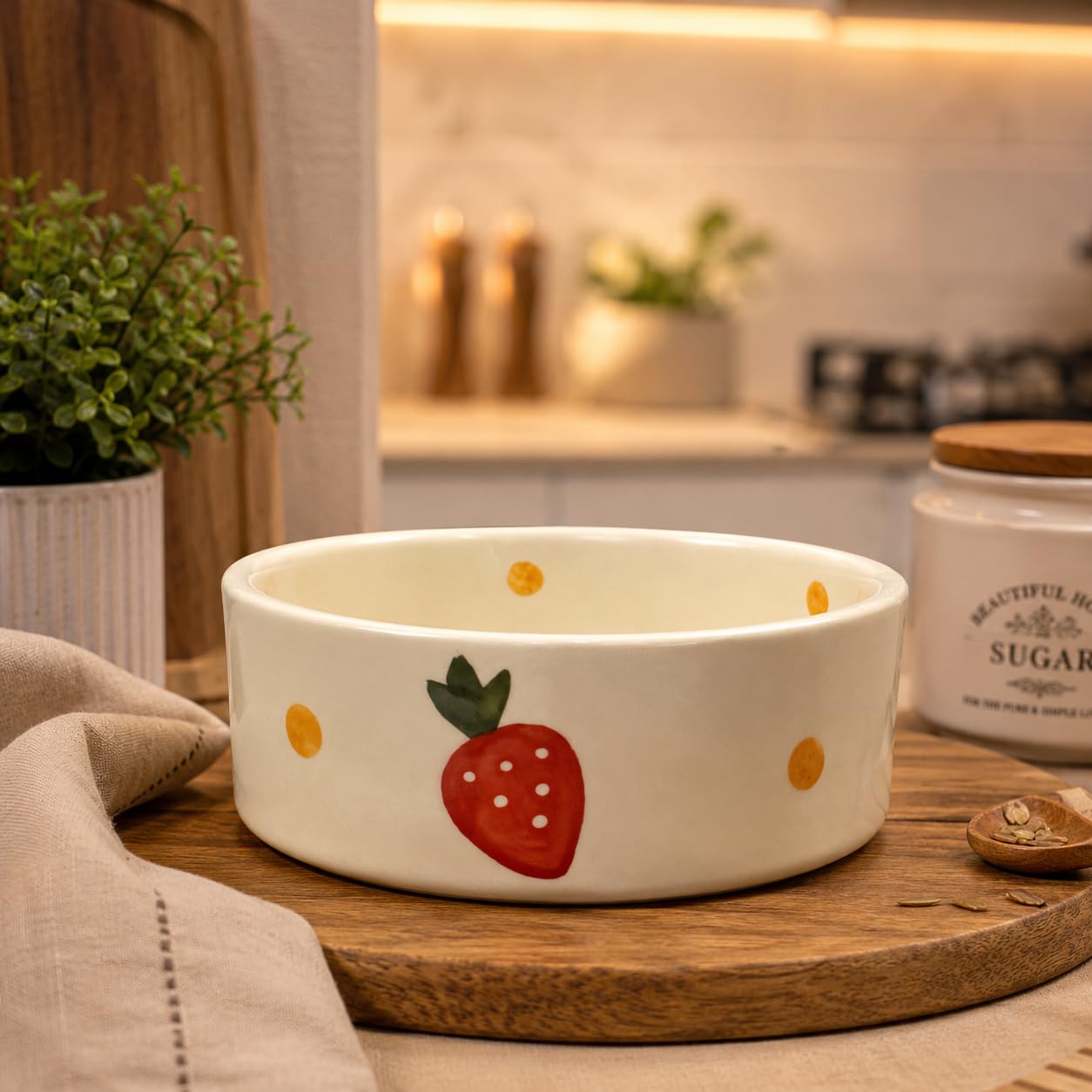 Ceramic Bowl with Hand-Painted Strawberry Design, White