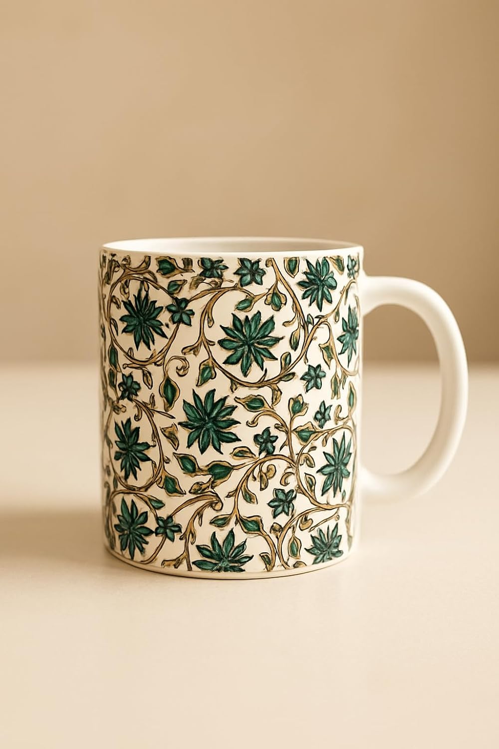 Elegant Ceramic Coffee Mug with Emerald Green Floral Pattern, White Base, Vintage Vine Design, Tea Cup for Home and Office