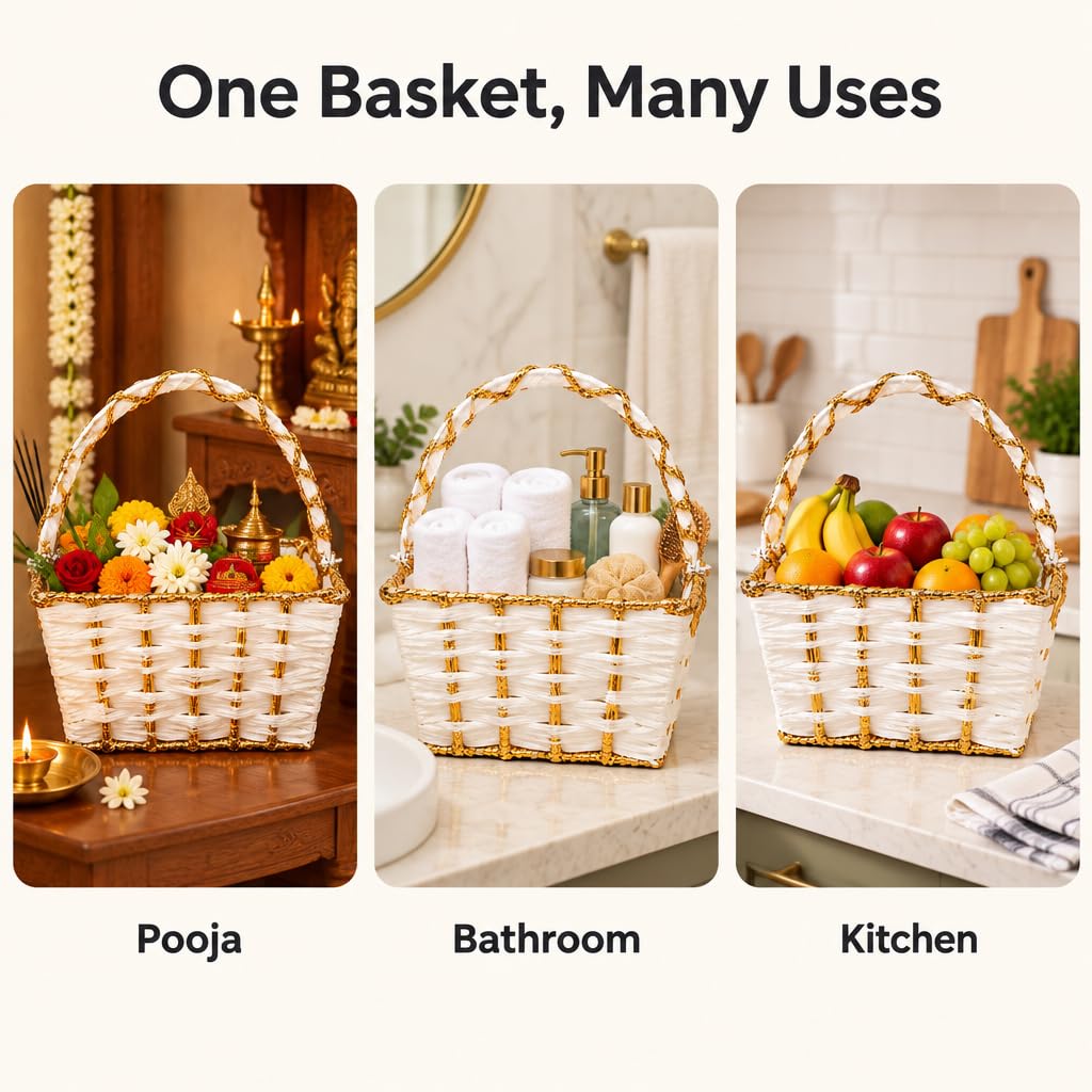 White & Gold Woven Basket for Pooja with Sturdy Carry Handle – view 7