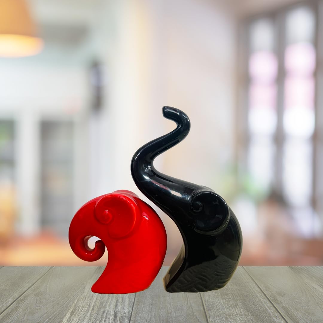 Modern Decorative Elephant Couple, Piano Finish Ceramic Figure, Red and Black, Abstract Art Piece