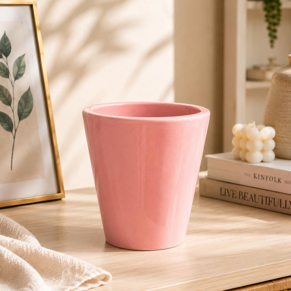 Pink Ceramic Planter Pot, Glossy Finish, Indoor Home Decor | Glazed Ceramic, Tapered Design, Indoor Plant Pot, Tabletop Decor, Blush Pink Colour