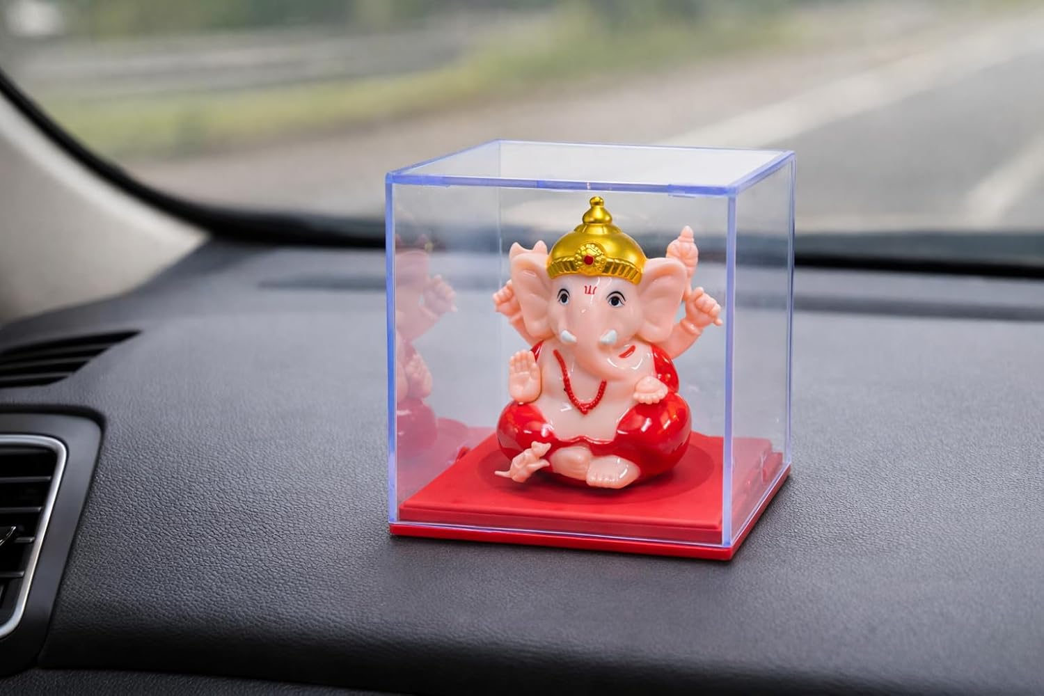 Manifested Decor Ganesh Car Dashboard Figurine, Moves Hand with Light, Pink and Gold, Non-Slip Base, Spiritual Gift, Decoration