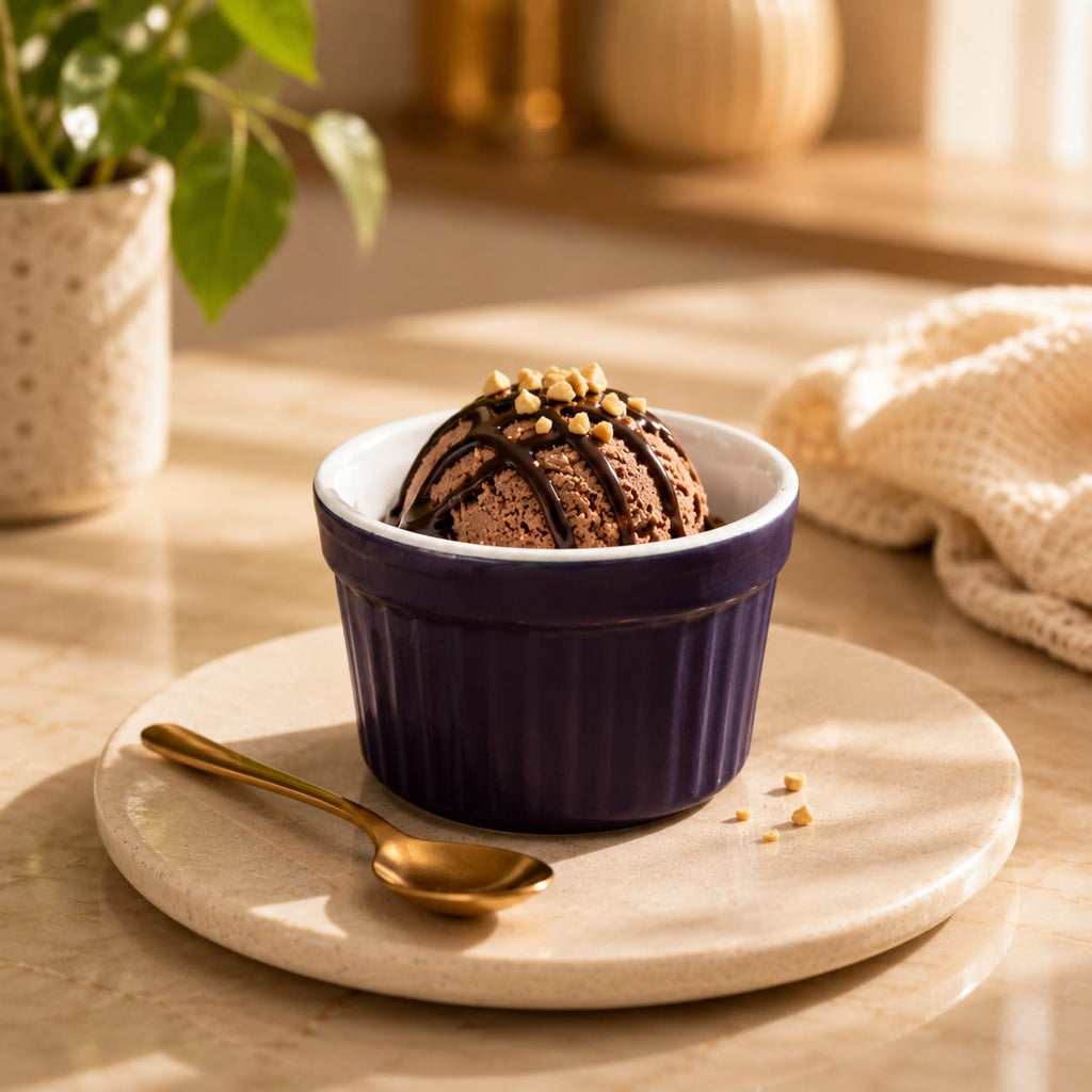 Ceramic Ramekin Bowls for Ice Cream and Desserts, Purple, Set of 2 | Ribbed Design, Oven Safe, Multipurpose Use, White Interior, Sturdy Build