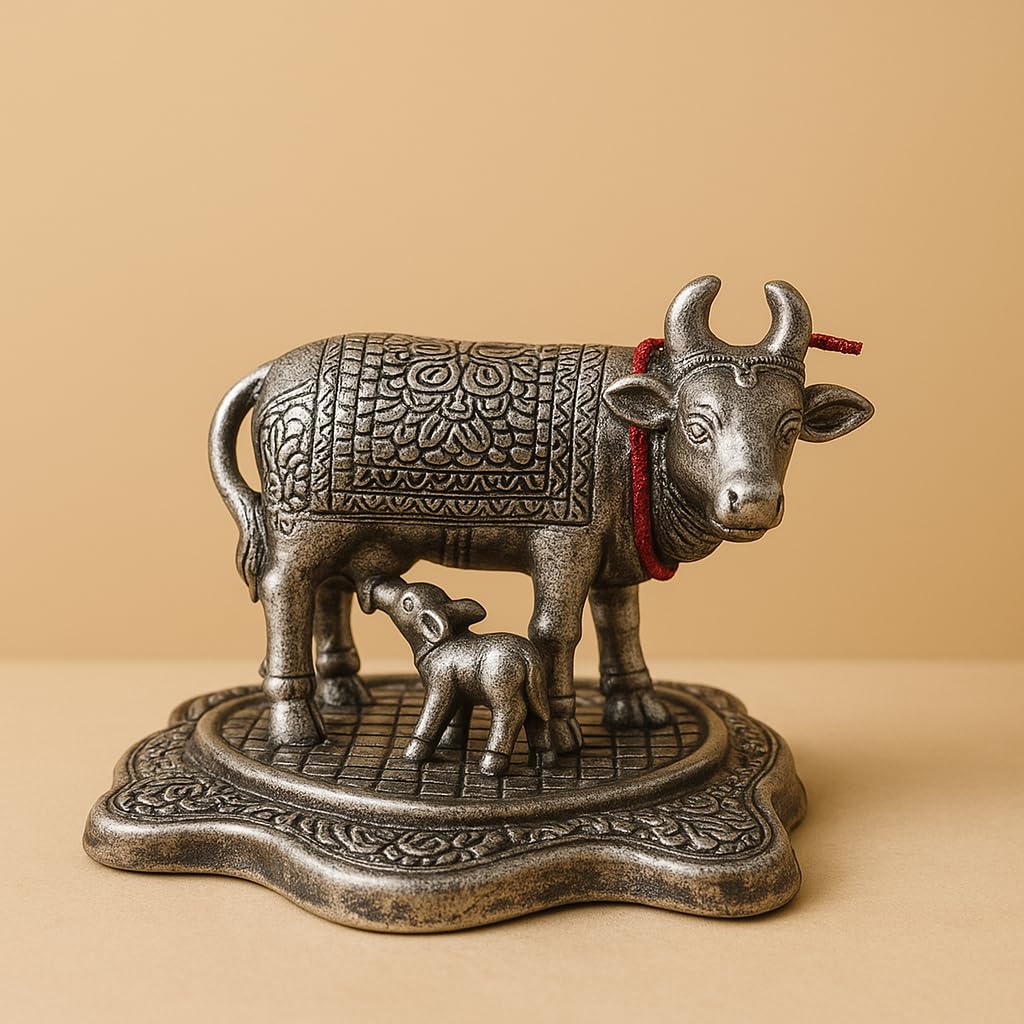 Manifested Decor Silver Oxidised Silver Finished Cow & Calf Figurine Idol for Home Decorative/Office/Gifting/Pooja Like Brass and Metal Showpiece Statue