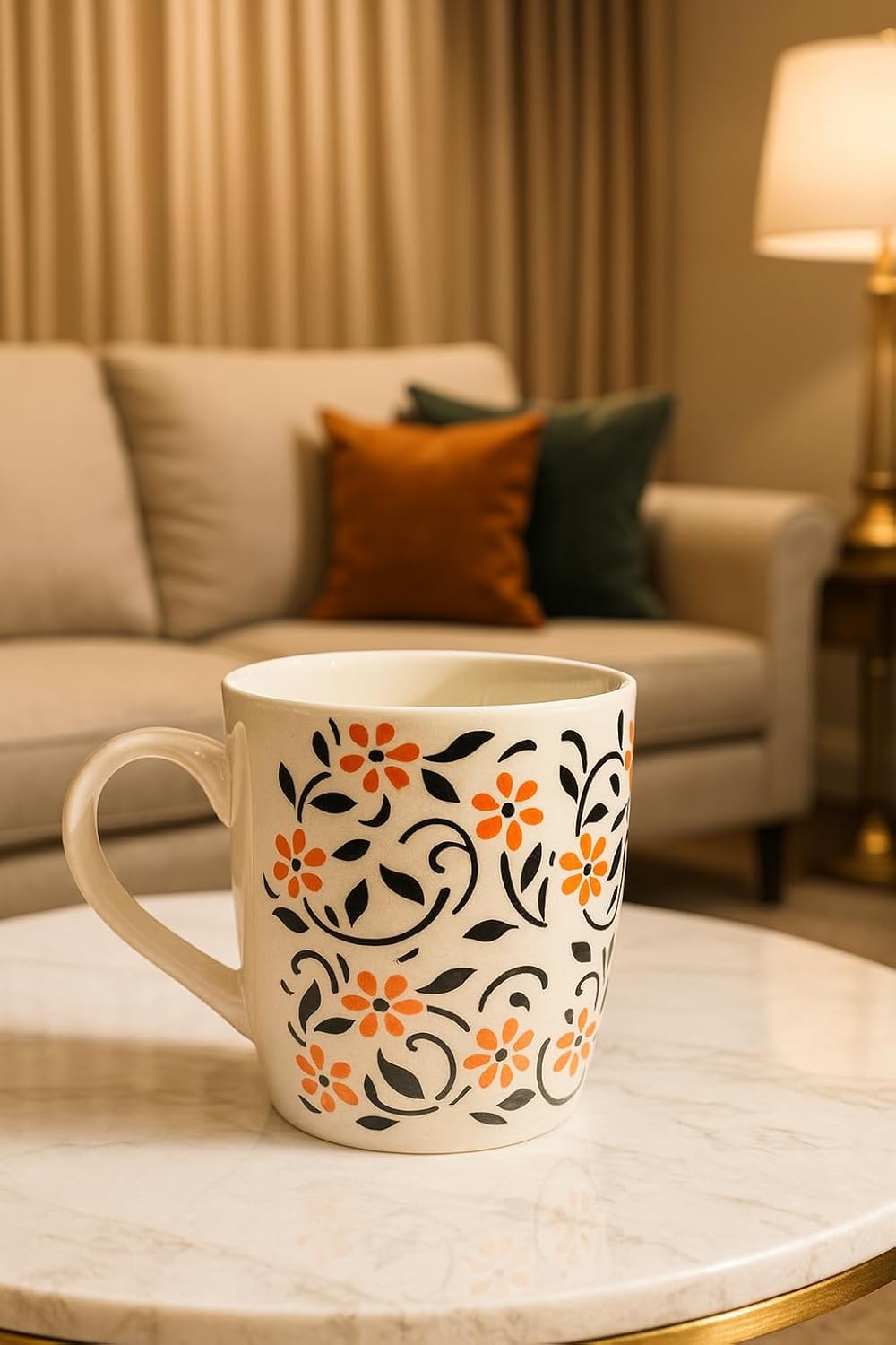 Ceramic Coffee Mug with Orange Floral Design, White with Black Leaves Pattern, Home Decor