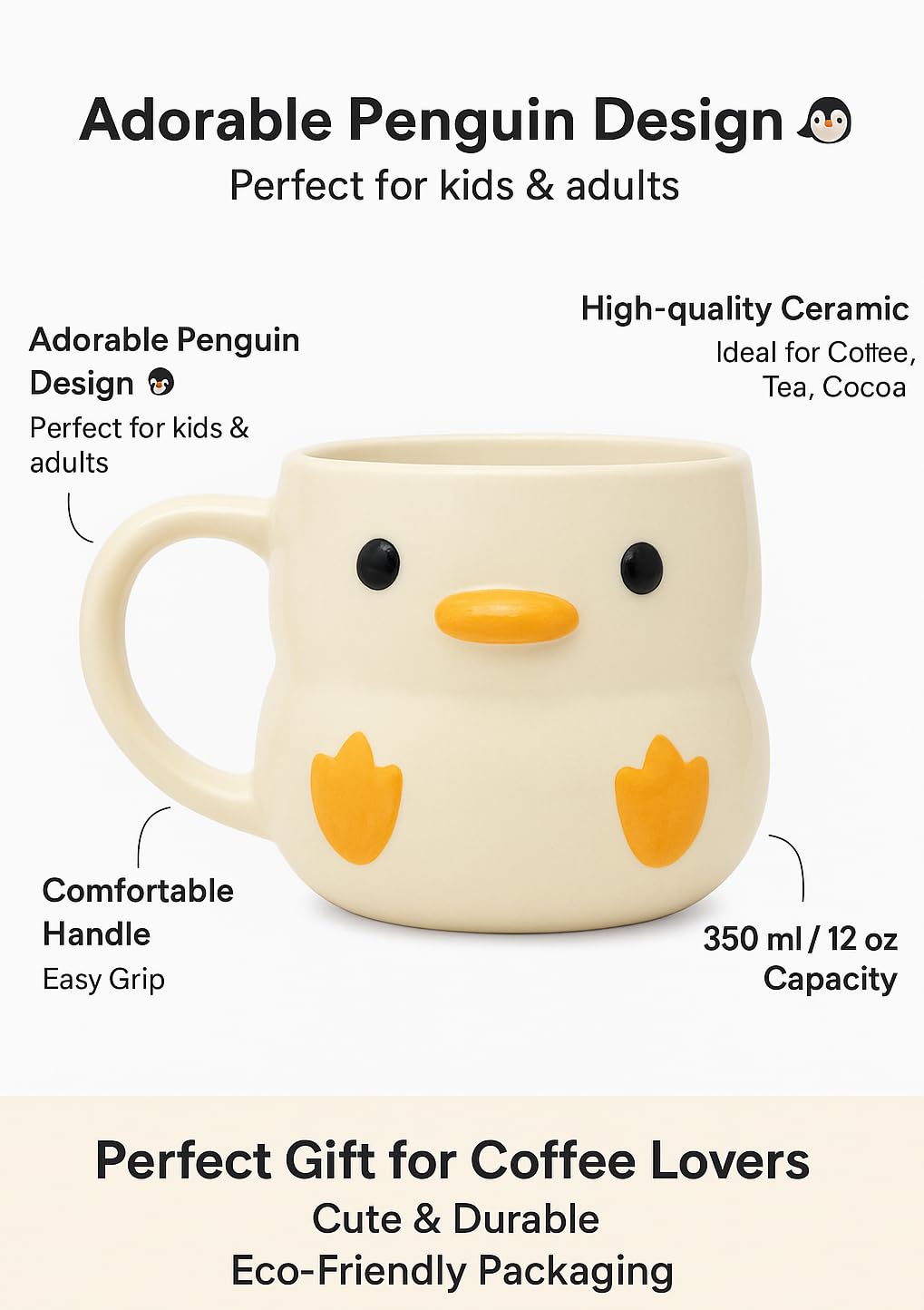 Cute Duck Design Ceramic Coffee Mug, White and Yellow, Large Size