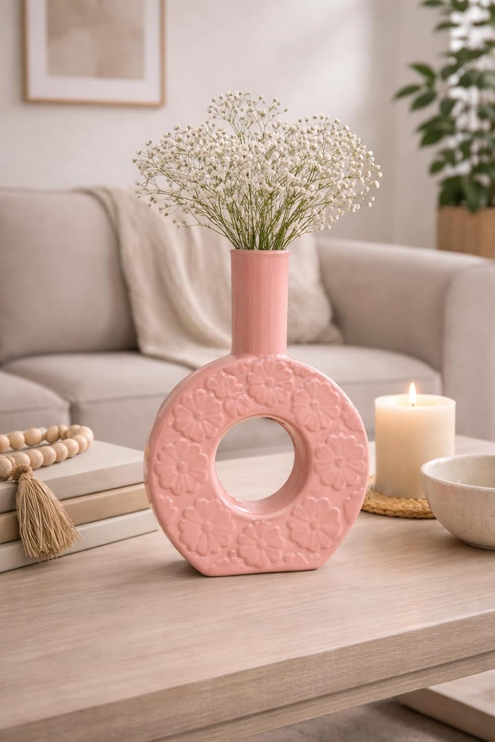 Ceramic Donut Vase, Pink, Floral Embossed, Round Shape, Boho Style, Home Decor