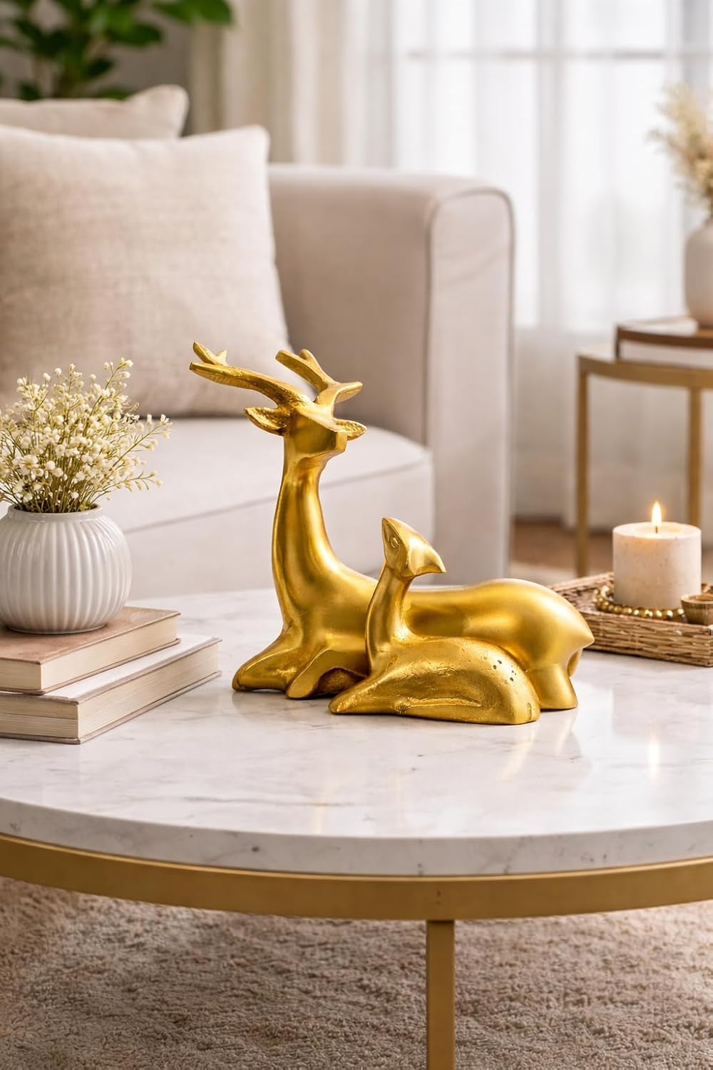 Golden Deer Figurine Set, 2 Piece, Decorative Sculpture, Home Decor Accent, Resting Pose with Antlers