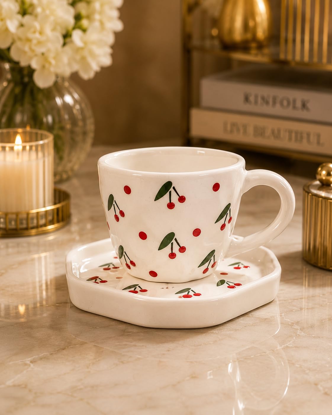 Ceramic Cup and Saucer Set with Print, White | CHARMING FRUIT DESIGN