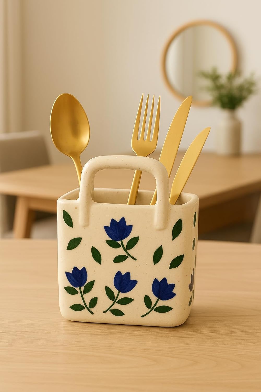 Ceramic Utensil Holder with Blue Floral Pattern, White Kitchen Organiser, Cutlery Set Holder