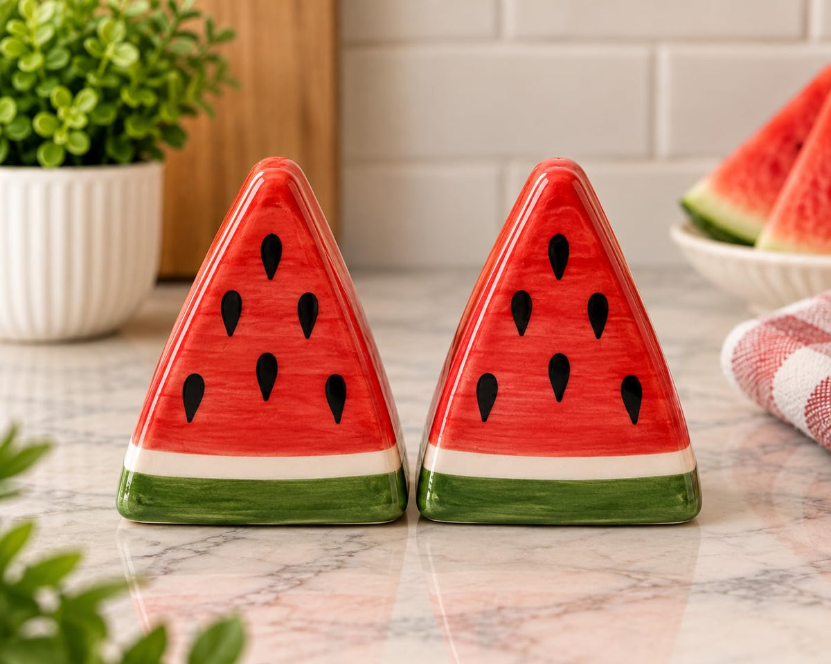 Ceramic Salt and Pepper Shaker Set - Cute Trendy Designs - Mushroom, Onion Garlic, Watermelon and Leaf Design (Dice)