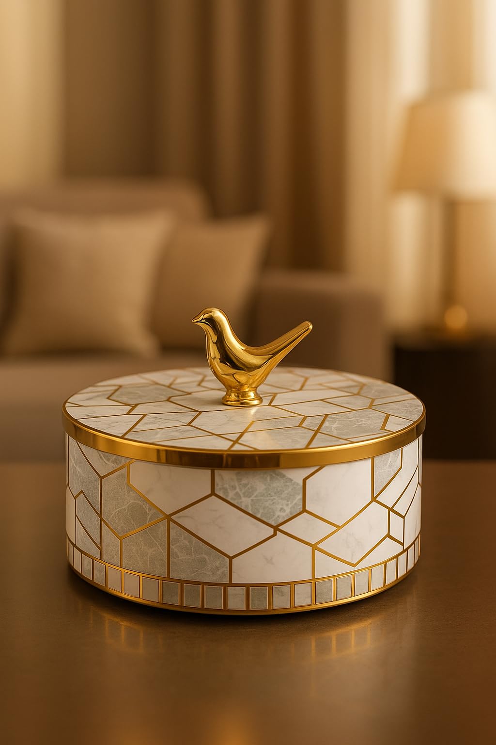 Luxury Decorative Storage Box with Gold Bird Lid, Geometric Pattern, Modern Home Decor