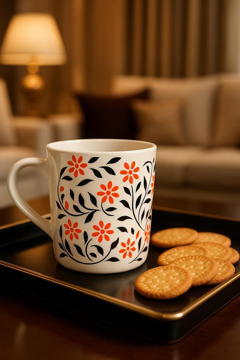 Ceramic Coffee Mug with Orange Floral Design, White with Black Leaves Pattern, Home Decor