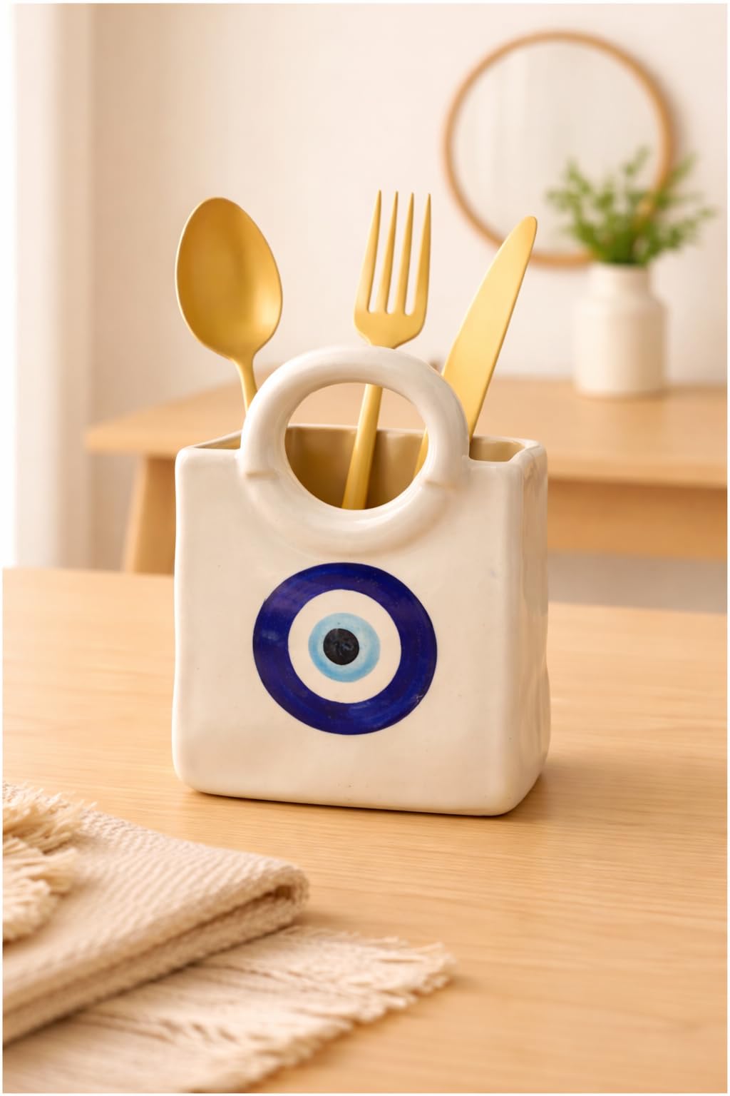 Ceramic Utensil Holder with Blue Floral Pattern, White Kitchen Organiser, Cutlery Set Holder