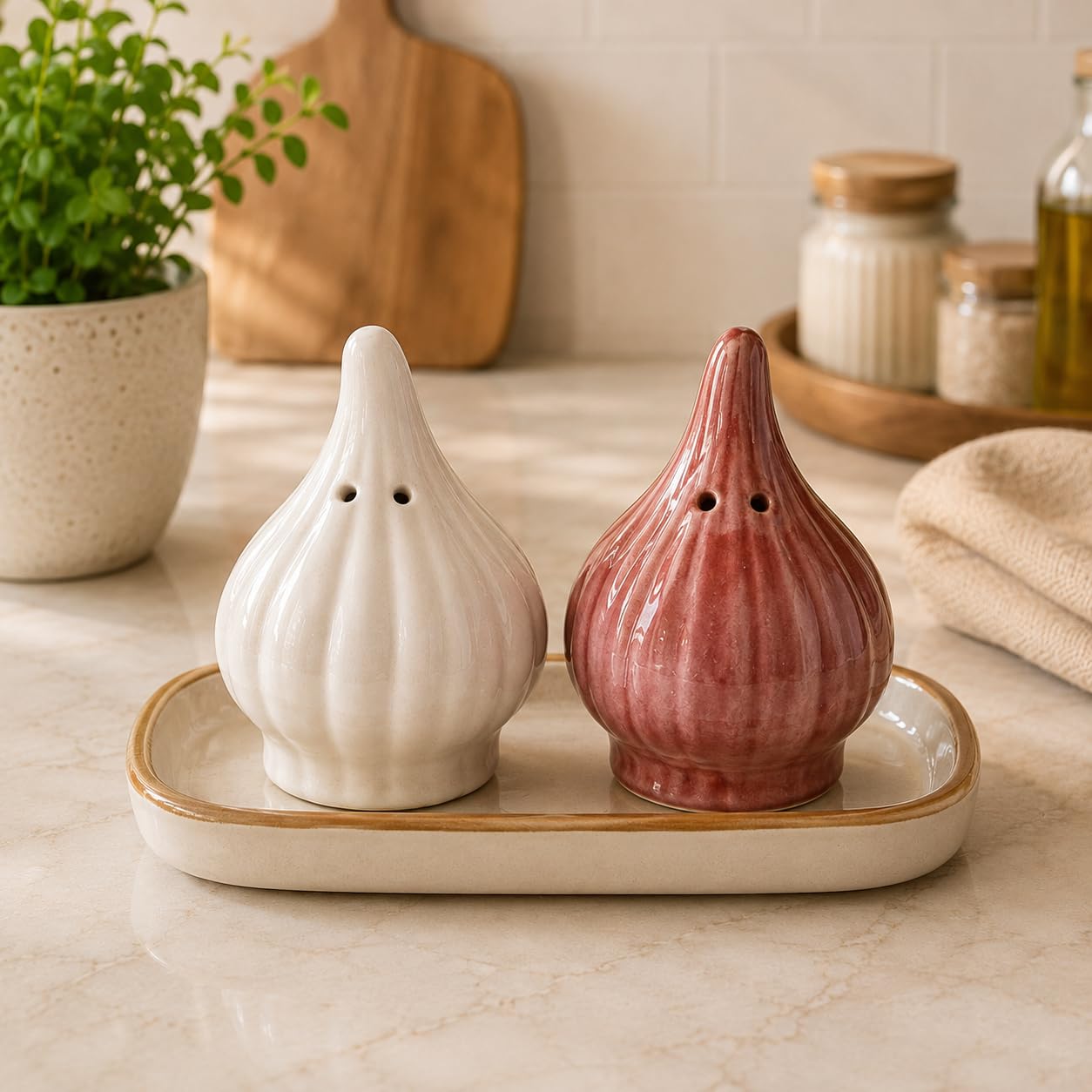 Ceramic Salt and Pepper Shaker Set - Cute Trendy Designs - Mushroom, Onion Garlic, Watermelon and Leaf Design (Leaf Set)