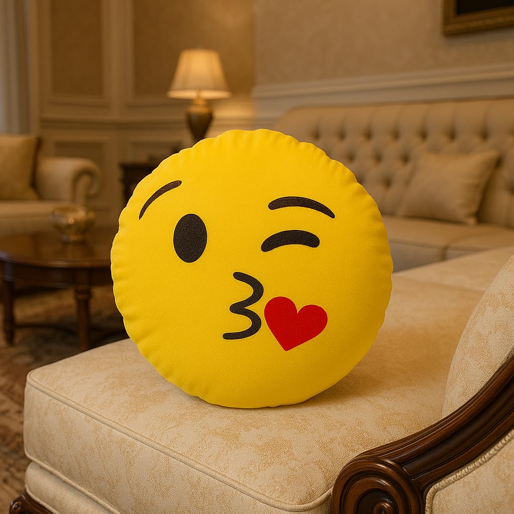 Round Shape Fabric Printed Soft Plush Filled Cushions/Pillow - 11X11 Inch, Smiley 25 (Yellow) (Smiley Blowing Kiss)