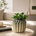 Ceramic Planter Pot with Ribbed Texture, Glazed Finish | Indoor Plant Pot, Speckled Stoneware, Gradient Green Glaze, Decorative Home Decor, Tabletop Display