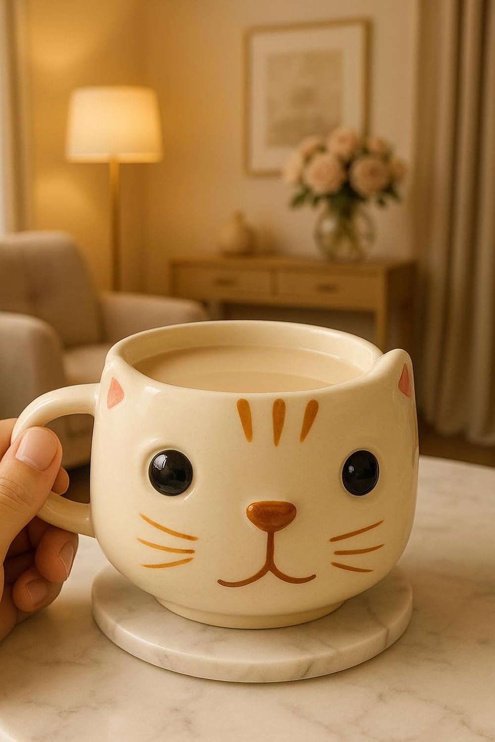 Ceramic Cat Face Mug, White, Cute Novelty Coffee Cup with Handle, 3D Design
