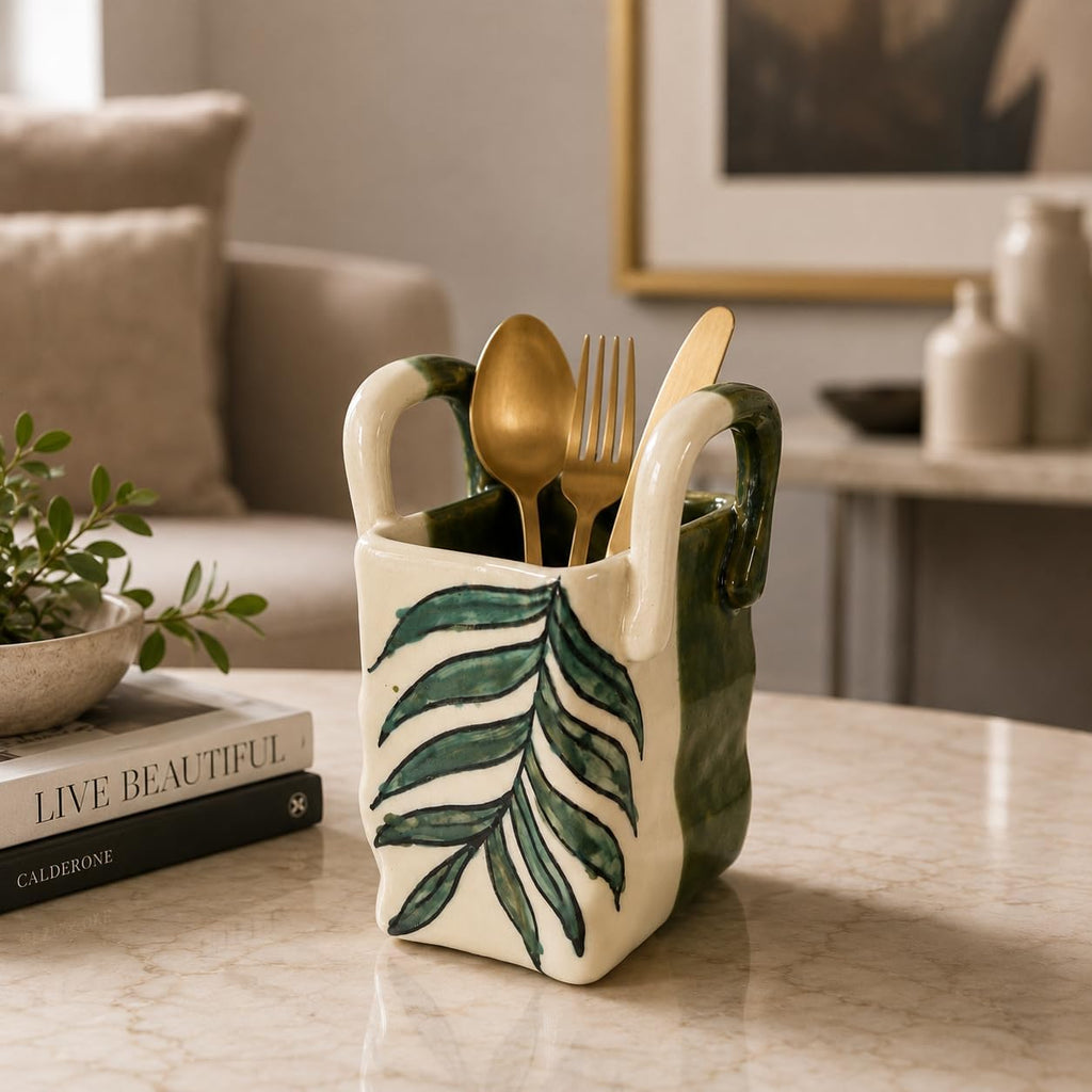 Ceramic Utensil Holder with Blue Floral Pattern, White Kitchen Organiser, Cutlery Set Holder