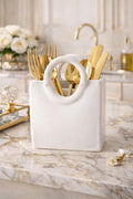 Ceramic Utensil Holder with Blue Floral Pattern, White Kitchen Organiser, Cutlery Set Holder