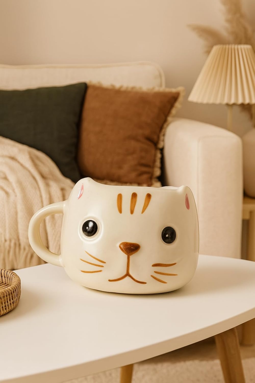 Ceramic Cat Face Mug, White, Cute Novelty Coffee Cup with Handle, 3D Design