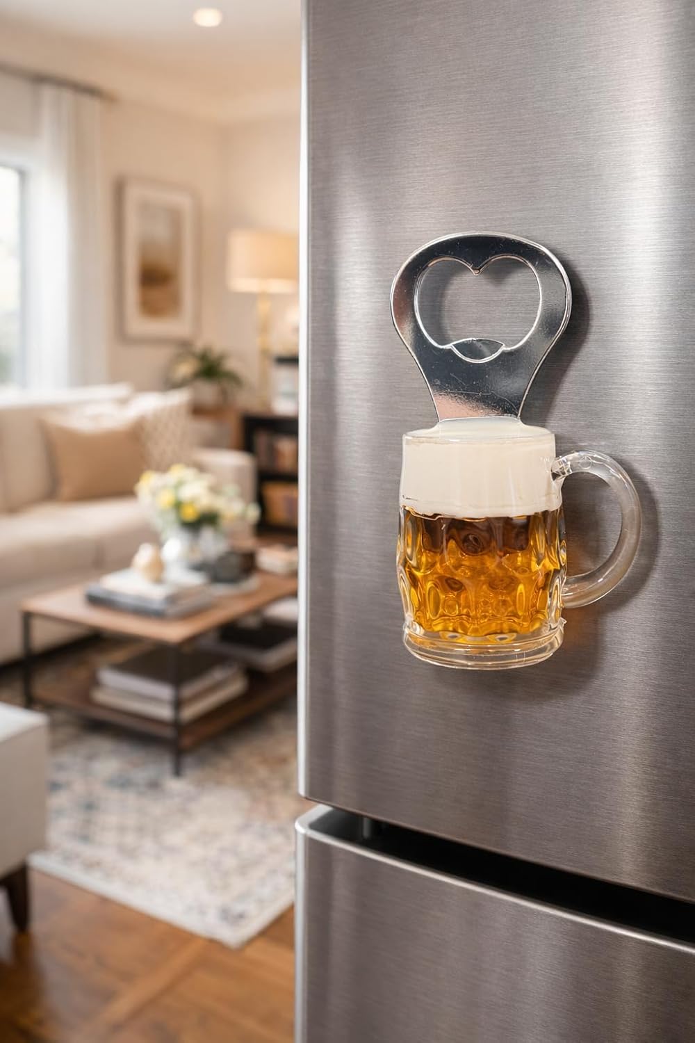 Magnetic Beer Mug Bottle Opener, Stainless Steel, Refrigerator Mount, Bar Accessory