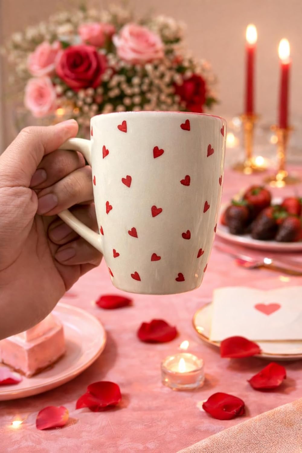 Manifested Decor Ceramic Coffee Mug with Red Heart Pattern, Cream White with Red Rim, Valentine's Day Theme