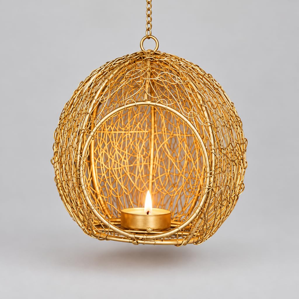 Gold Wire Mesh Ball Hanging Tealight Candle Holder Lantern – view 3