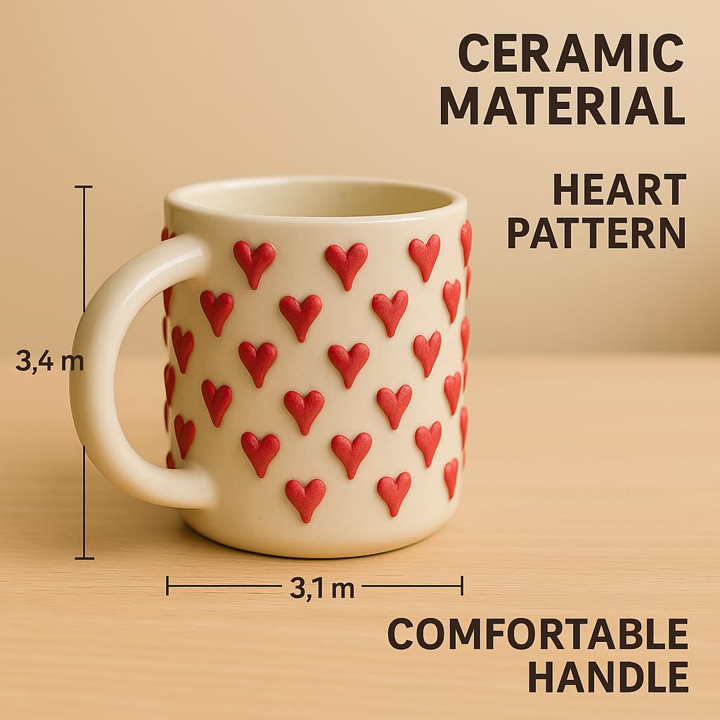 Ceramic Coffee Mug with Red Heart Pattern, White, Decorative Design, Home, Office, Cafe Decor