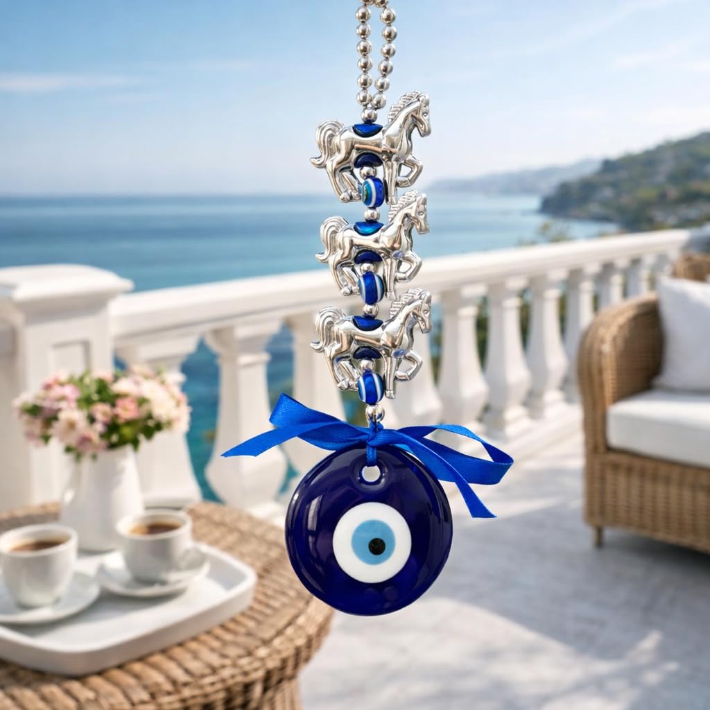 Evil Eye Wall Hanging with Silver Horses and Blue Glass Charm – view 2