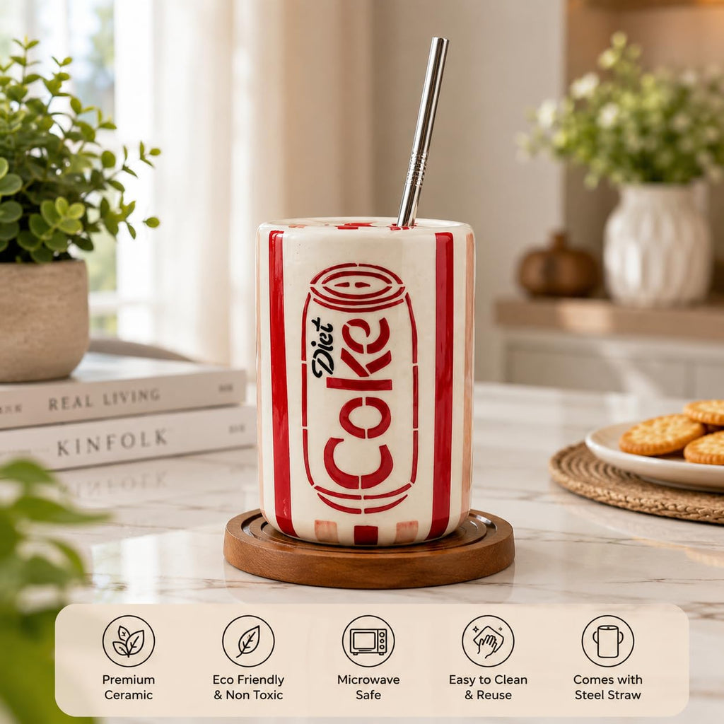 Diet Coke Ceramic Mug with Steel Straw - Aesthetic Trendy Home Decor