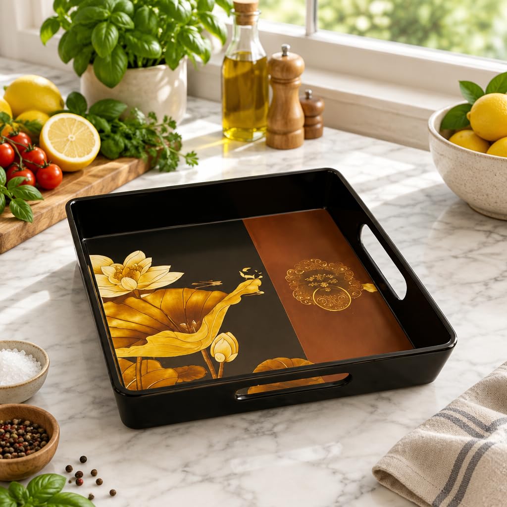 Decorative Serving Tray with Vintage Floral Tile Design (Black) – view 2