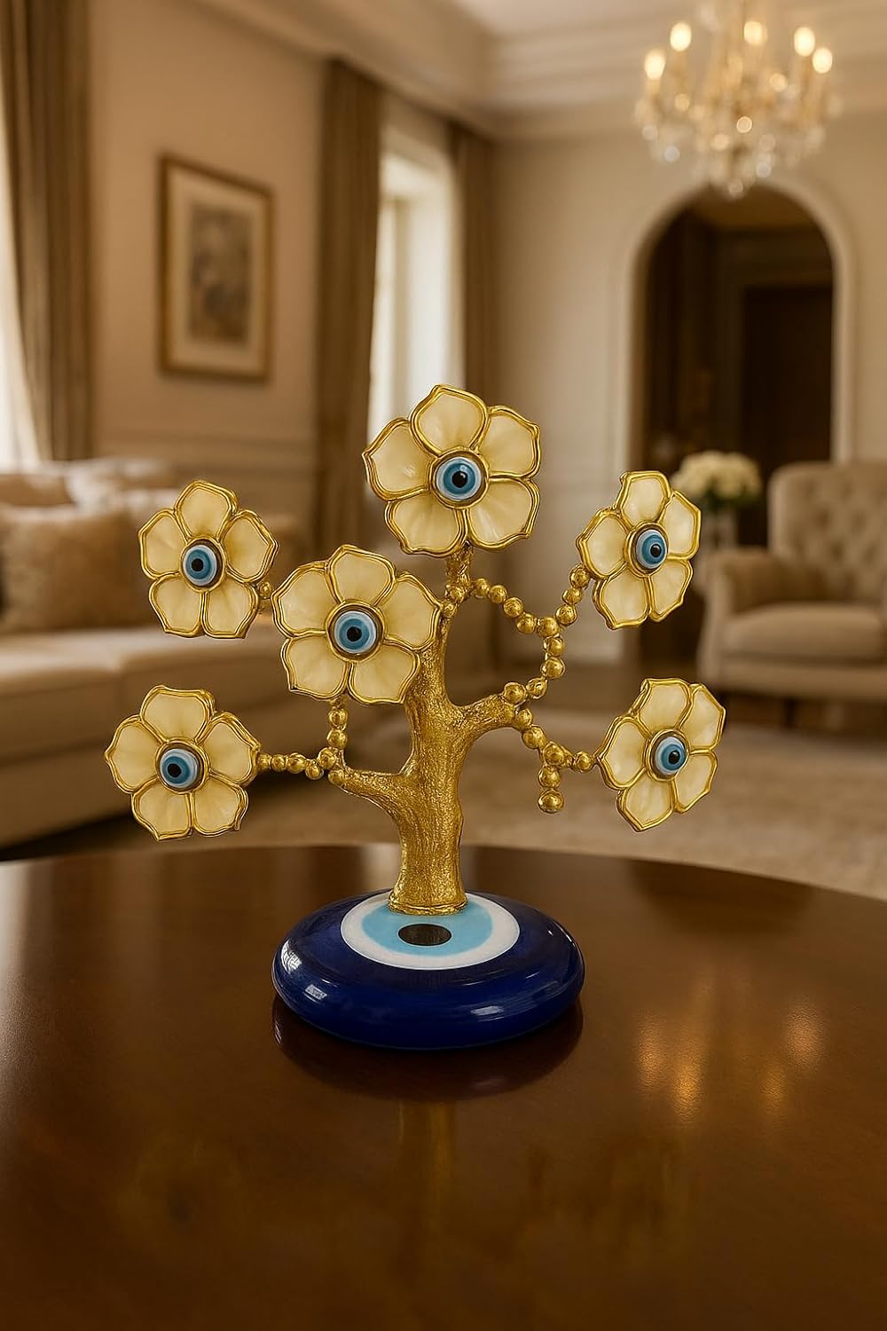 Evil Eye Tree Decor, Gold with Blue Eye Flowers, Decorative Figurine, Home Protection Ornament