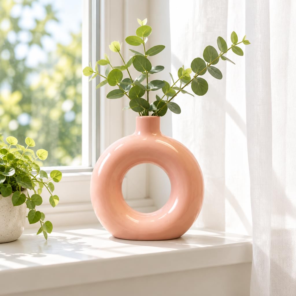 Modern Donut-Shaped Ceramic Vase, Pink – view 2