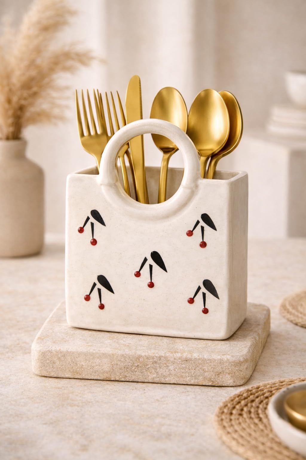 Ceramic Utensil Holder with Blue Floral Pattern, White Kitchen Organiser, Cutlery Set Holder