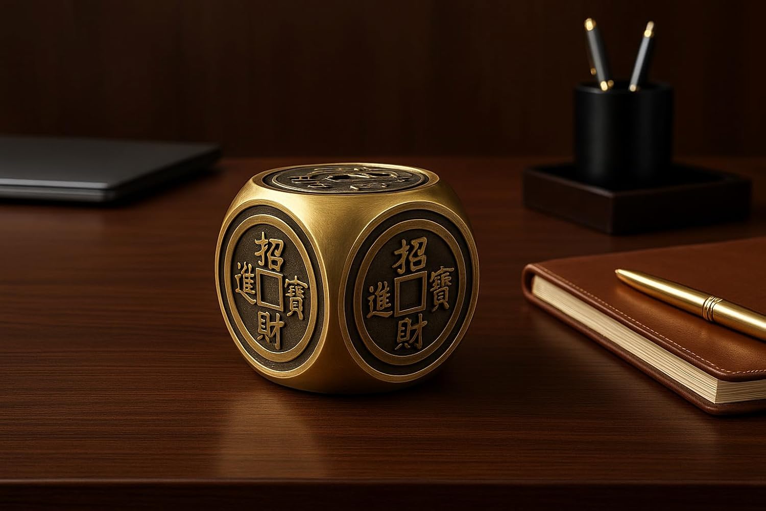Brass Chinese Coin Cube Desk Ornament, Gold Finish, Fortune Prosperity Symbol, Decorative Paperweight