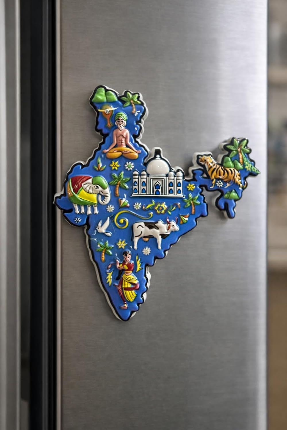 India Map Shape Fridge Magnet, Colourful 3D Cultural Souvenir with Taj Mahal, Delhi, Jaipur, Mumbai Icons (Blue)