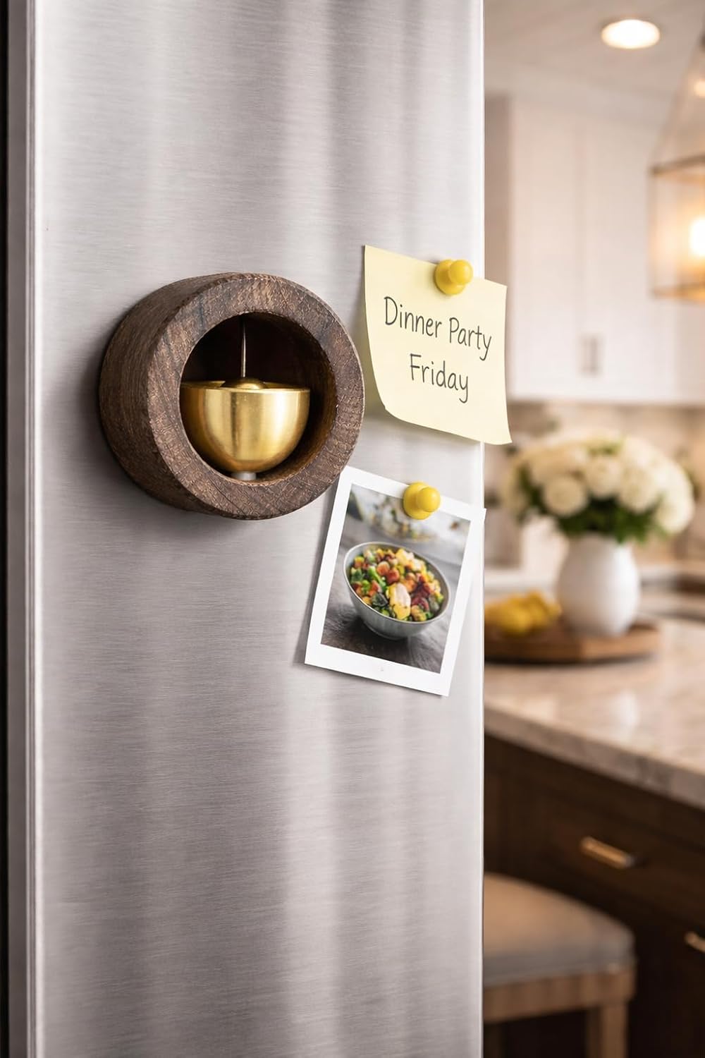 Wooden Round Magnetic Fridge Magnet with Gold Brass Bell, Rustic Brown, for Refrigerator Door