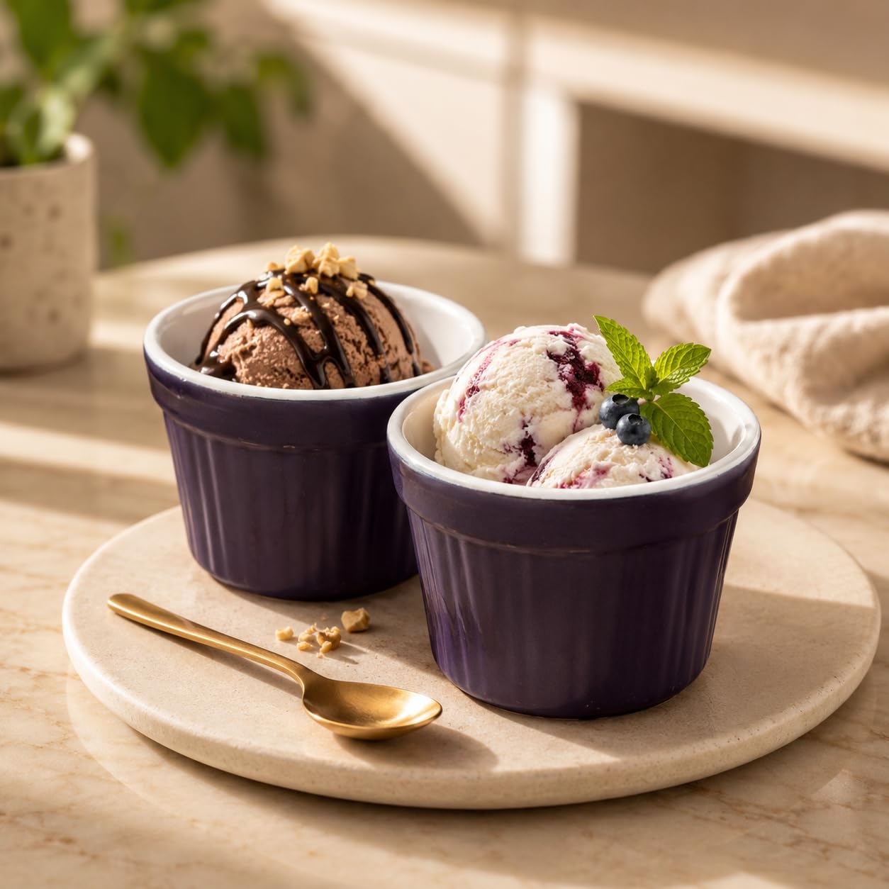 Ceramic Ramekin Bowls for Ice Cream and Desserts, Purple, Set of 2 | Ribbed Design, Oven Safe, Multipurpose Use, White Interior, Sturdy Build