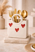 Ceramic Utensil Holder with Blue Floral Pattern, White Kitchen Organiser, Cutlery Set Holder