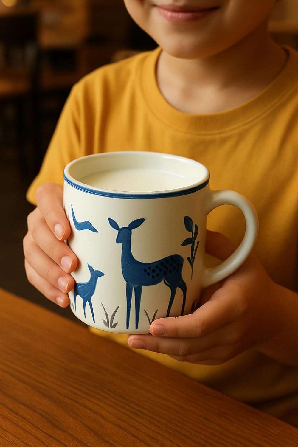Ceramic Coffee Mug with Blue Deer Design, White with Blue Rim, Animal Theme