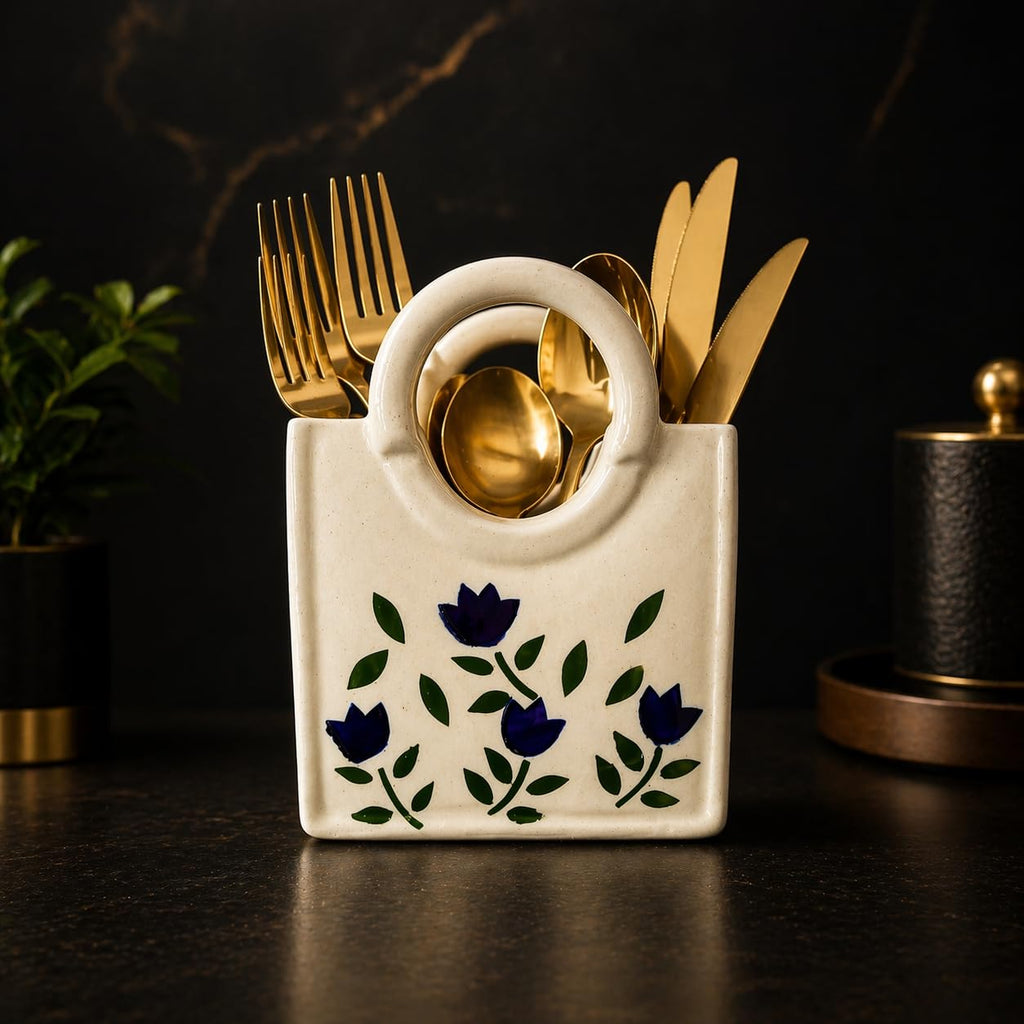 Ceramic Utensil Holder with Blue Floral Pattern, White Kitchen Organiser, Cutlery Set Holder