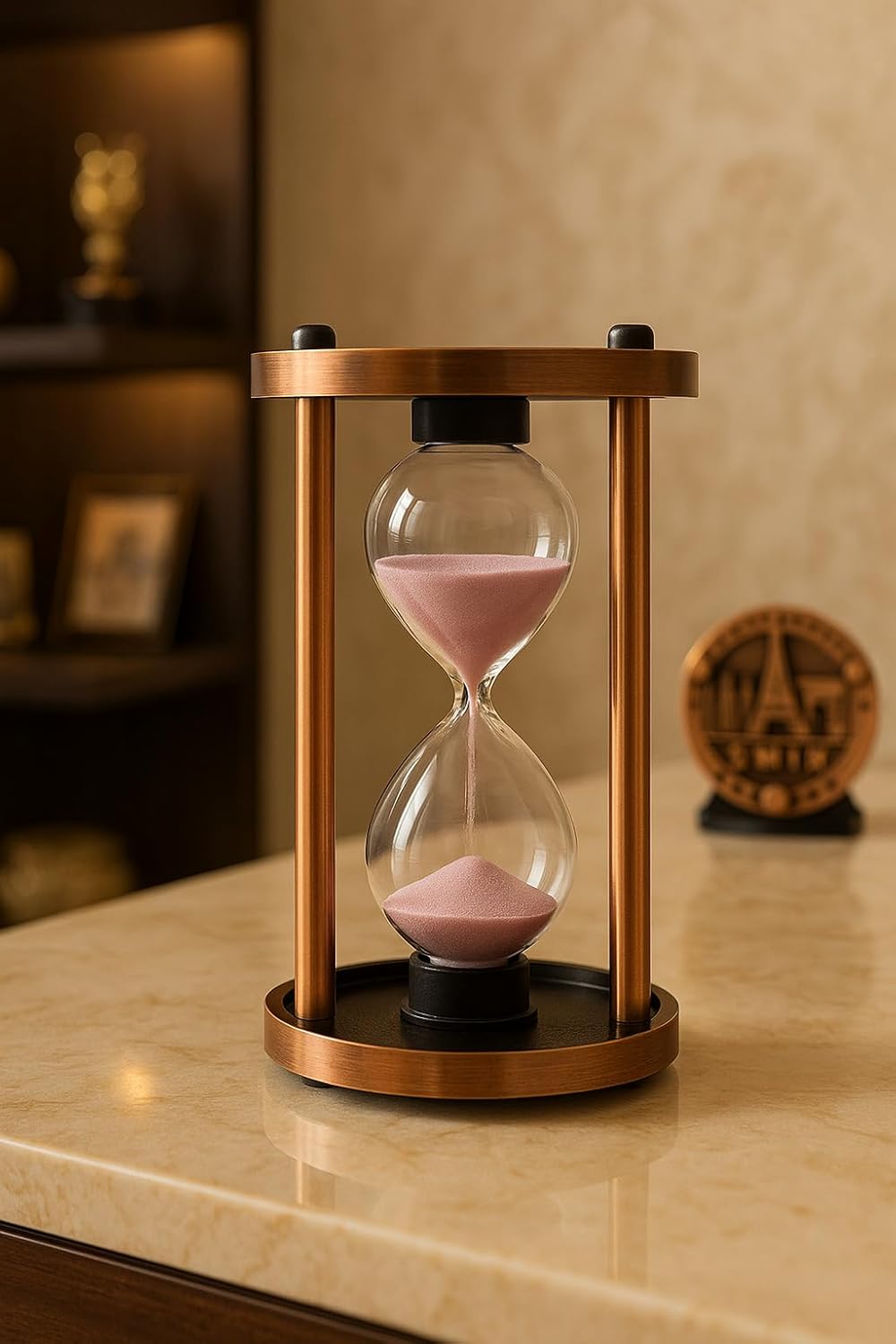 Hourglass Sand Timer, Copper Frame with Pink Sand, Glass and Metal Construction, Decorative Home Decor
