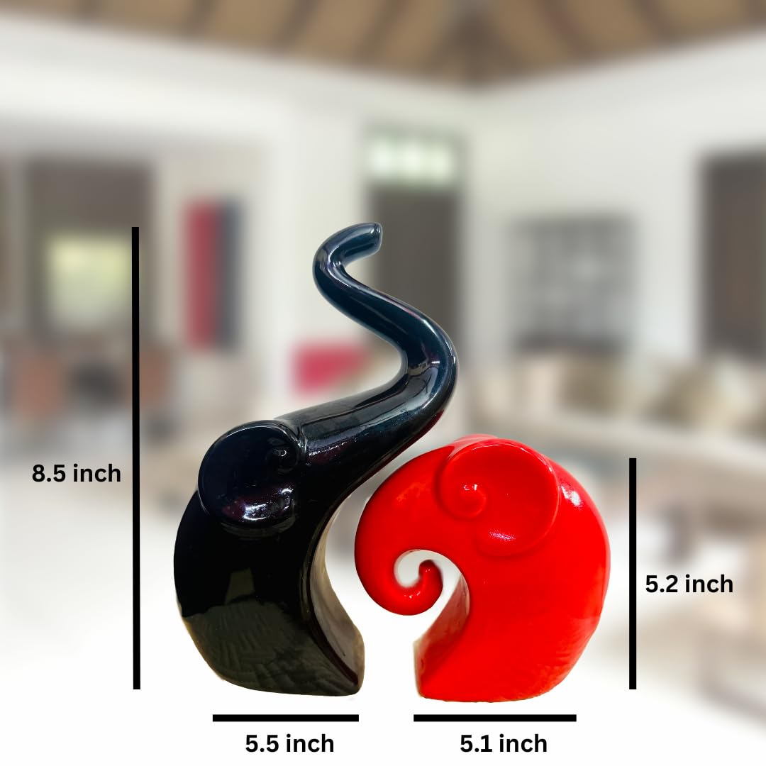 Modern Decorative Elephant Couple, Piano Finish Ceramic Figure, Red and Black, Abstract Art Piece