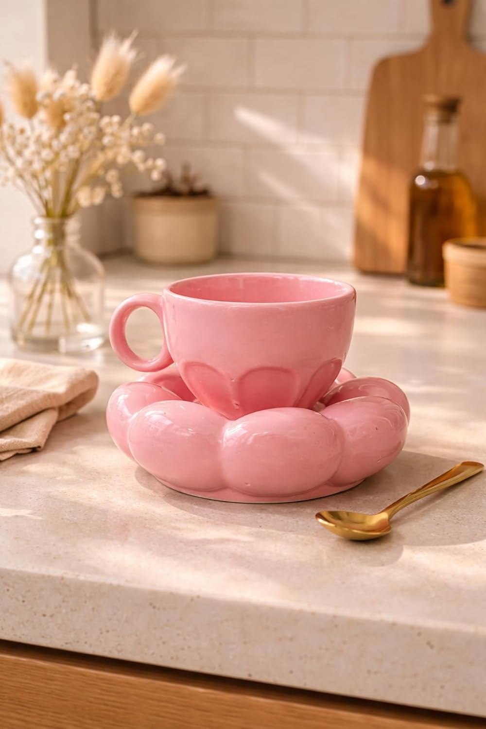 Ceramic Bubble Cup and Saucer Set, Pink, Glossy Finish, Aesthetic Coffee and Tea Cup