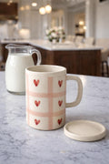 Manifested Decor Ceramic Mug with Lid, Pink Gingham Heart Pattern, Cream White, Coffee Tea Cup with Handle