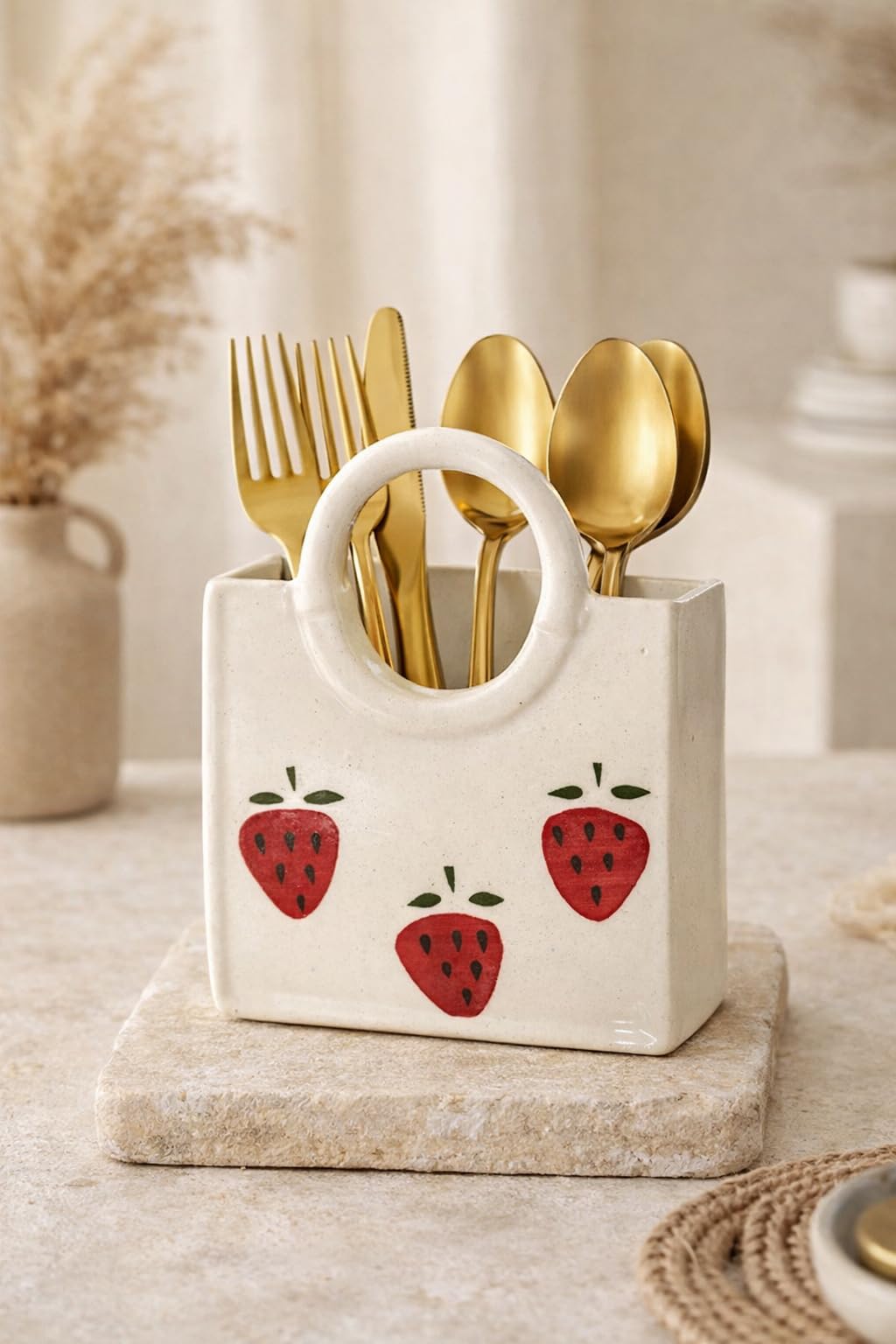 Ceramic Utensil Holder with Blue Floral Pattern, White Kitchen Organiser, Cutlery Set Holder